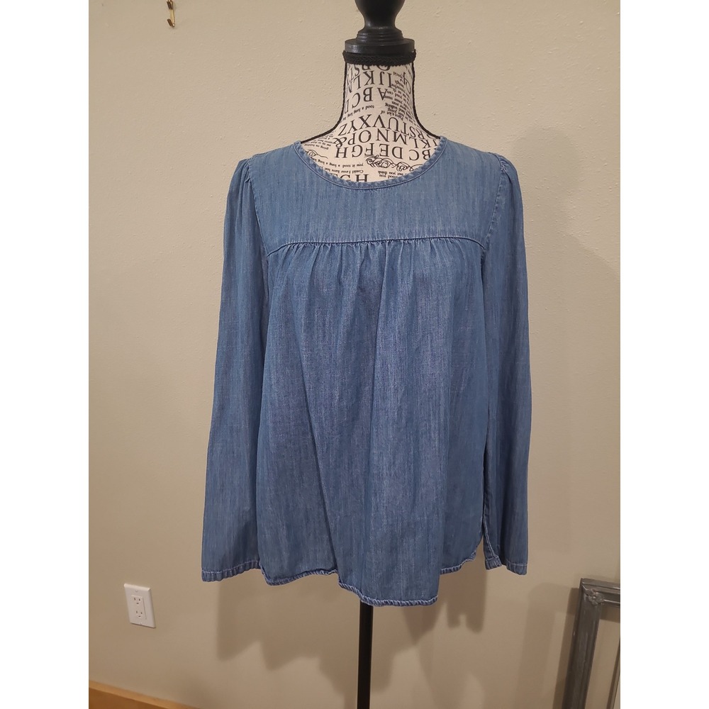 J.Crew Chambray women SZ S Puff Sleeve Peasant Blouse Cotton blend cottage core